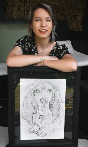 Mezelf met kunstwerk, realistische tekening